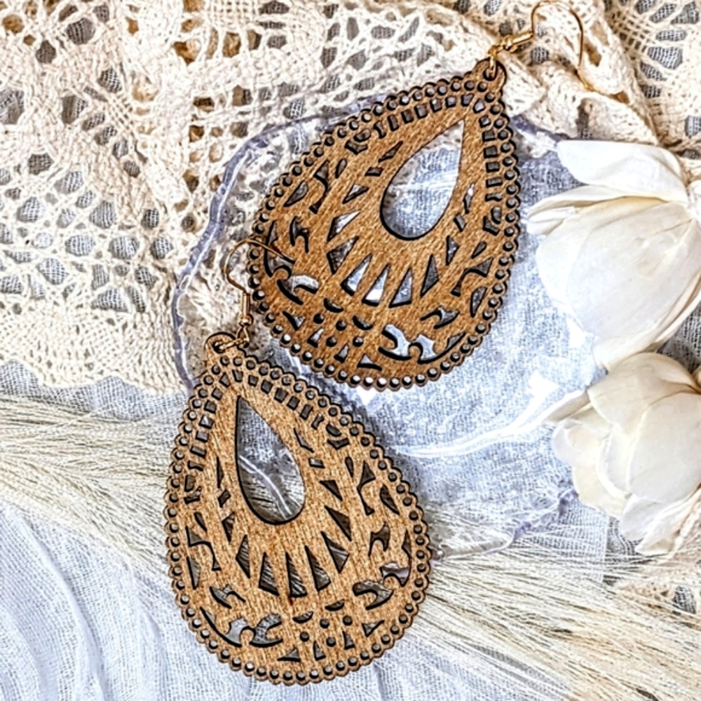DCLF Boho Wooden Filigree Mandala Ornate Teardrop Chandelier Drop Earrings